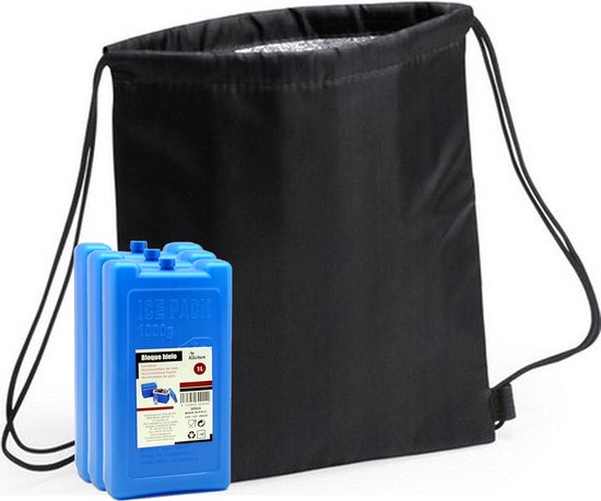 Koeltas rugtas zwart met rijgkoord cm met 2x koelelementen - 32 x 42 cm van KOEL