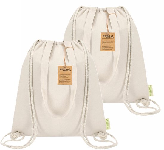 Koeltas rugzak - 2x - katoen - lunchpakket of drankjes - naturel - 7 liter - 38 x 42 cm - met trekkoord van Merkloos