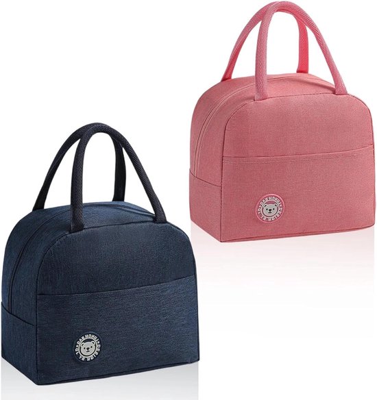 Koeltas Set van 2, Mini Lunch Tassen in Navy Blauw en Roze met Zijvakken en Handvatten, Ideaal voor Kantoor, School en Picknicks