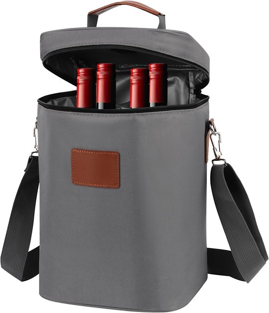 Koeltas voor Wijn en Drank, Verstelbare Schouderriem, Ideaal voor Reizen en Picknicks, Geschikt voor 4 Flessen, 21.5 x 34 cm, Grijs