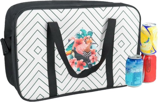 Koeltas zwart/wit met tropische vogels print 40 x 30 x 16 cm 18 liter - Koeltassen van KOEL