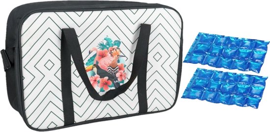 Koeltas zwart/wit met tropische vogels print met 2 stuks flexibele koelelementen 18 liter van KOEL