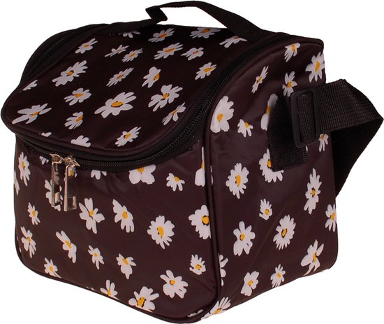 Koeltasje / Lunchtasje - Zwart met Witte Margrieten - Isolatietasje - 19x21x15cm van KOEL