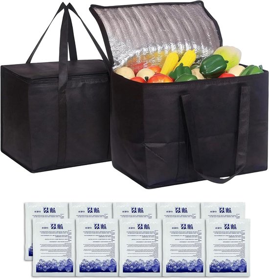 Koeltassen Set - Gekoelde Tassen - Boodschappen Vervoeren - Stabiele Dubbele Bodem - 2x 40 Liter - Zwart