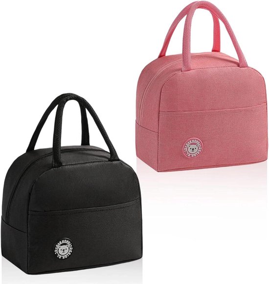 Koeltassen set van 2 - zwart/roze - met zijzakken - compact en handig - voor werk, school, thuis van Merkloos