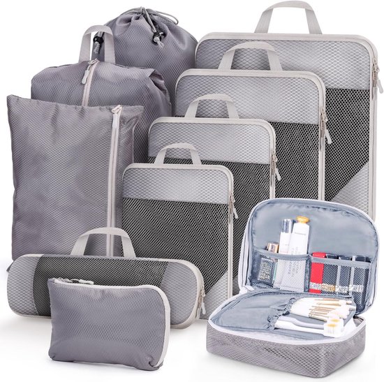 Koffer Organizer Set - Reis Tassen - Kleding Opbergen - Compressie Rits - 10 Delig - Grijs