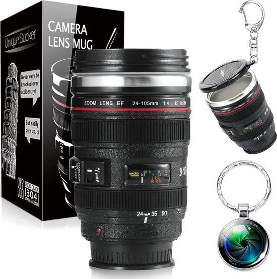 Koffiebeker lens beker set lekvrije camera reisbeker van roestvrij staal, sleutelhanger voor mini-cameralensbeker en cameralensbeker voor fotografen van MASJENBU