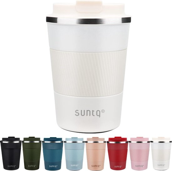 Koffiebeker to go Thermo van roestvrij staal 380 ml thermobeker met rubberen manchet dubbelwandig geïsoleerd - koffiemok met lekvrij deksel, herbruikbaar, wit van Milu