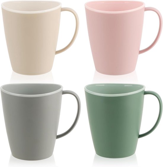 Koffiebekers met Handvat - 360 ml Vaatwasserbestendig - Herbruikbare Kunststof Bekerset in Felle Kleuren