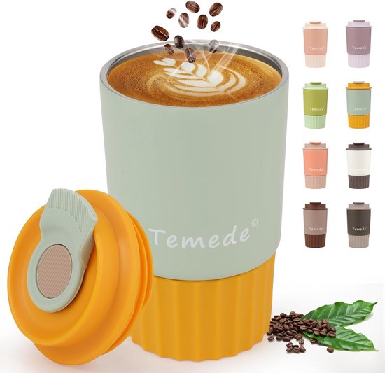Koffiemok to go thermo 360 ml, thermobeker koffie to go, koffiebeker van roestvrij staal dubbelwandig geïsoleerd, lekvrij, coffee-to-go beker warm voor koffie en thee (geel)
