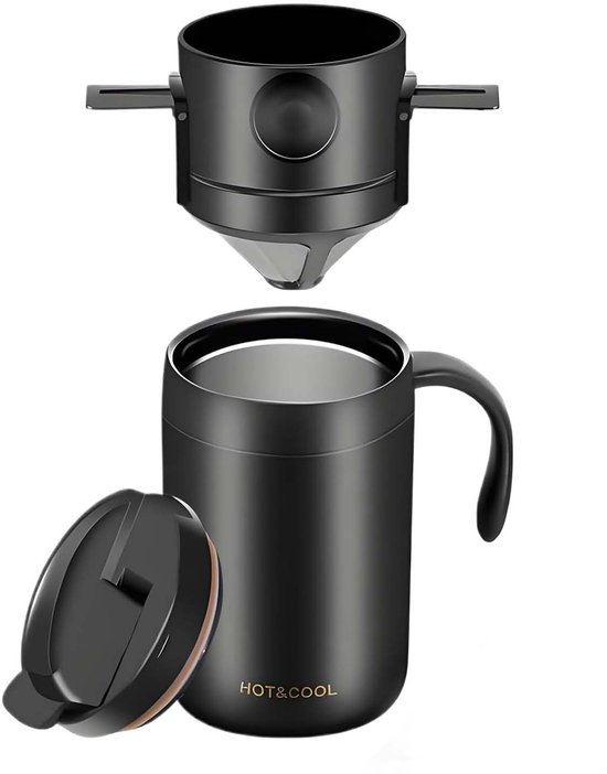 Koffiezetter Beker - Reisbeker Mok - Onderweg Koffie - Vacuüm Geïsoleerd - 6 Uur Warm - Zwart