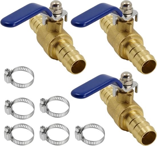 kogelkraan 3/4 inch, 3 stuks dubbele kop slangtuleventiel (19 mm) met 6 slangklemmen, afsluitkogelkraan voor lucht, water, olie en brandstof