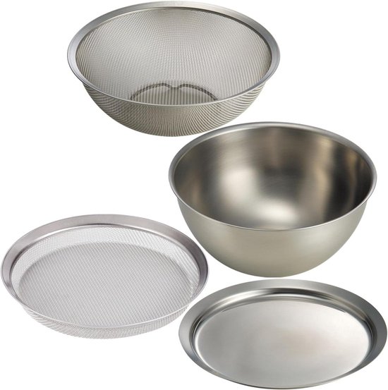 Kom Zeef Plate - Afvoer Zeef - Groenten Wassen - 4 Punten Stabiliteit - Large - Zilver