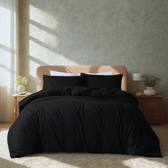 Komfortec Premium Dekbedovertrek 135x200 cm + 2x Kussensloop 60x70 cm - 100% Microvezel - 90 g/m² - 2-Delige Superzachte Beddengoedset - met Rits - Zwart van Komfortec