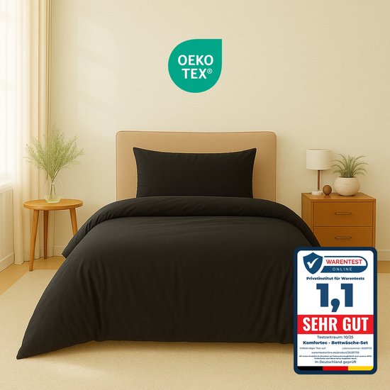 Komfortec Premium Dekbedovertrek 155x220 cm + 2x Kussensloop 40x80 cm - Geborsteld 100% Polyester Microvezel 90 g/m² - 3-Delige Superzachte Beddengoedset - Zwart van Merkloos