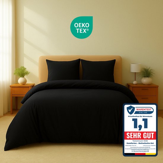 Komfortec Premium Dekbedovertrek 200x200 cm + 2x Kussensloop 40x80 cm - Geborsteld 100% Polyester Microvezel 90 g/m² - 3-Delige Superzachte Beddengoedset - Zwart van Merkloos