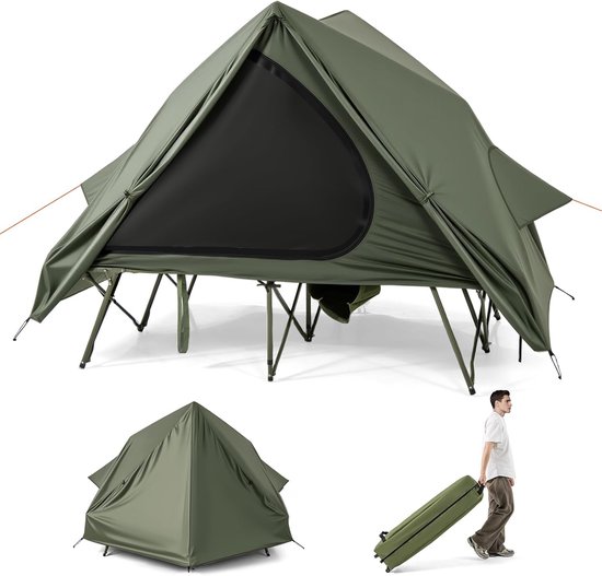 KOMFOTTEU 2-in-1 campingbed met tent, veldbed off-ground met pop-up tentbodem, verhoogd bed, draagtas en waterdicht regenzeil, 2-persoons slaaptentbed voor strand, picknick, reizen van Merkloos