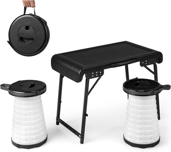 KOMFOTTEU 3-delige opvouwbare campingtafelset, draagbare picknicktafel met 2 uittrekbare led-krukken, stabiele zitgroep voor picknick, kamperen, barbecue en vissen, voor strand, tuin, achtertuin, zwart van komfotteu