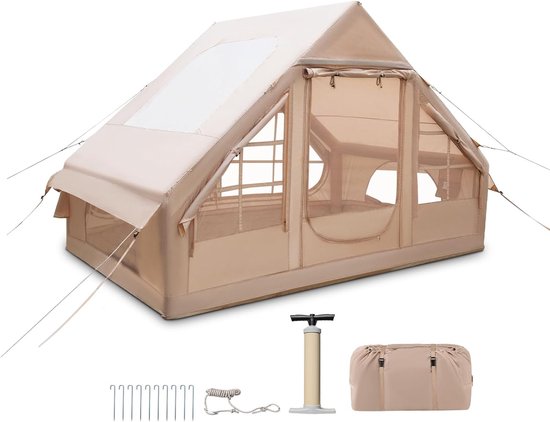 KOMFOTTEU 6,3 m² kampeertent voor 4-6 personen, opblaasbare draagbare vierseizoenen tent van 300D Oxford-stof met draagtas, eenvoudig op te zetten, waterdicht, 300 x 210 x 200 cm, beige van Merkloos