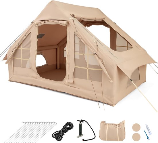 KOMFOTTEU 6,3 m² Opblaasbare kampeertent voor 4-6 personen, grote tent met 4 ramen, 2 deuren, dakraam, pomp, ventilatieopening, draagtas en haringen, snel op te zetten
