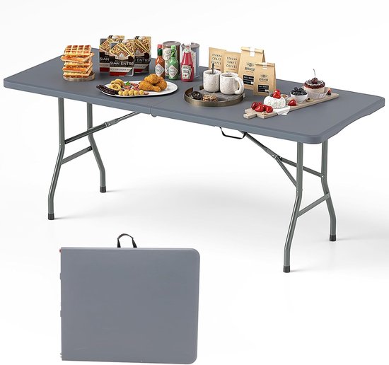KOMFOTTEU Campingtafel, inklapbaar, HDPE-materiaal, tuinmeubelen, metalen frame, klaptafel, draagvermogen 160 kg, voor picknick, barbecue, feest, 180 x 74 x 75 cm (grijs)