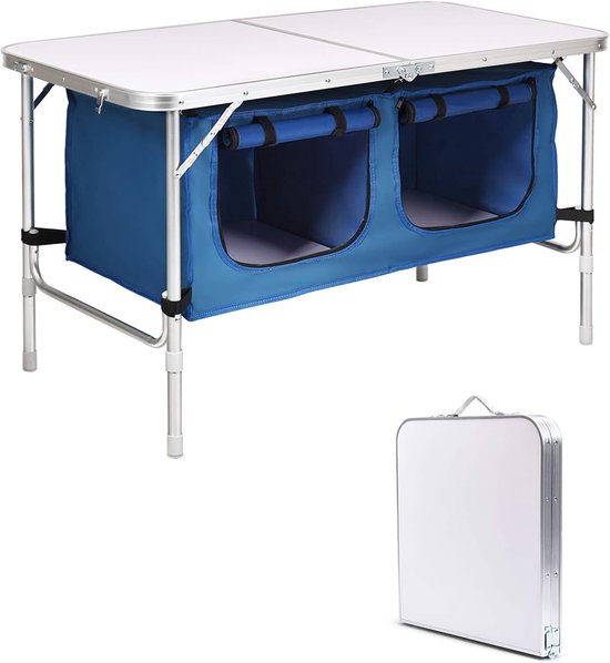 KOMFOTTEU Campingtafel, inklapbaar, in hoogte verstelbaar in 53,5 cm/71 cm, picknicktafel van aluminium met vakken van 120 l, buitentafels, 120 x 61 cm, voor barbecue, feest van komfotteu
