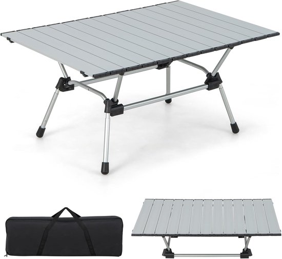 KOMFOTTEU Campingtafel, inklapbaar, klaptafel, in hoogte verstelbaar, tuintafel met oprolbaar tafelblad, multifunctionele tafel met draagtas, 90 x 60,5 x 52 cm (zilver) van Merkloos