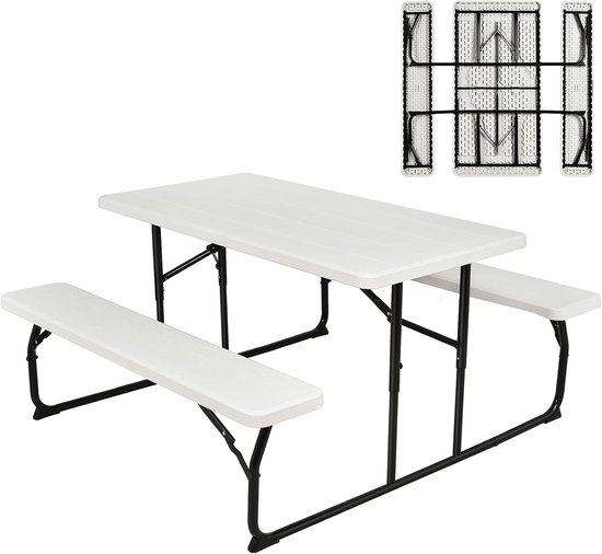 KOMFOTTEU Campingtafel met stoelen, inklapbaar, biertentgarnituur, 3-delig met 1 biertafel en 2 bierbanken, picknicktafel, opvouwbaar en ruimtebesparend, campingset, tuingarnituur, draagbaar, voor