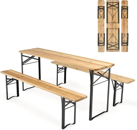 KOMFOTTEU Campingtafel met stoelen, inklapbaar, biertentgarnituur met 1 biertafel en 2 bierbanken, picknicktafel opvouwbaar en ruimtebesparend, tuingarnituur, 176 x 46 x 76 cm, draagbaar van komfotteu