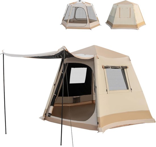 KOMFOTTEU Campingtent, waterdicht, voor 4-6 personen, automatische werptent met 2500 mm waterkolom, werptent met voortent, tas, 2 ingangen en 4 ramen, pop-uptent, onmiddellijke tent voor reizen en van Merkloos