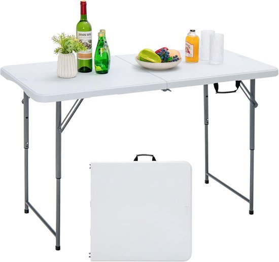 KOMFOTTEU Klaptafel, in hoogte verstelbaar, inklapbare en draagbare campingtafel met draaggreep, ruimtebesparende picknicktafel van HDPE, frame van ijzer, 120 x 60 x 74,5 cm, wit van komfotteu