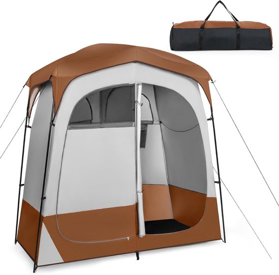KOMFOTTEU Omkleedtent voor 2 personen, draagbare kleedkamer met opbergtas en haken, kleedkamer met windtouwen en spies voor kamperen, strand, vissen, 210 x 106 x 210 cm, grijs van Merkloos