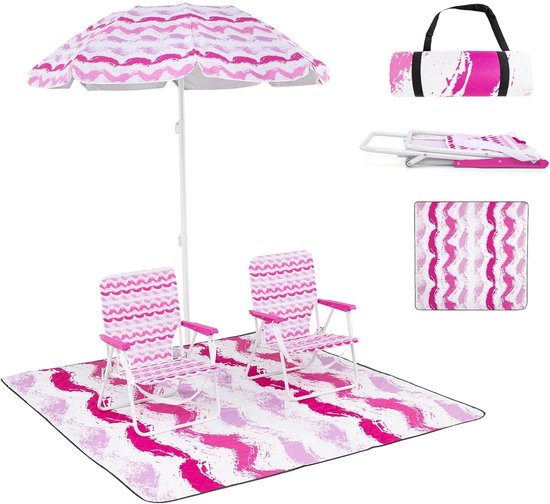 KOMFOTTEU Set van 4 strandset, 2 ligstoelen, 1 tapijt, 1 parasol φ 175 cm, Campingstoel, klapstoel, belasting 150 kg van Merkloos