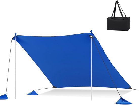 KOMFOTTEU Strandtent, 3 x 3 m, zonnetent voor 4-8 personen, UPF 50+, zonnezeil, strand met zonwering, zandzakken, 2 aluminium stangen, draagtas, schaduwzeil voor camping, picknick, vissen, blauw van Merkloos