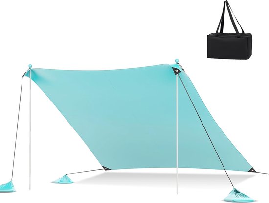 KOMFOTTEU Strandtent, 3 x 3 m, zonnetent voor 4-8 personen, zonnezeil, strand met zonwering, zandzakken, 2 aluminium stangen, draagtas, schaduwzeil voor camping, picknick, vissen, turquoise van Merkloos