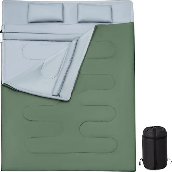 KOMFOTTEU tweepersoonsslaapzak met 2 kussens - 220x150cm campingslaapzak - slaapzak voor 2 personen - 0 - 15 °C - dekenslaapzak - 2 gebruikswijzen van Merkloos