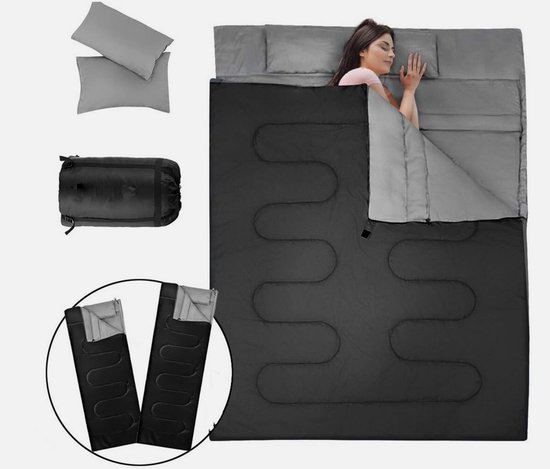 KOMFOTTEU tweepersoonsslaapzak met 2 kussens - 220x150cm campingslaapzak - slaapzak voor 2 personen - 0 - 15 °C - dekenslaapzak - 2 gebruikswijzen van Merkloos