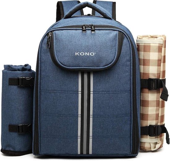 Kono Koeltas - Koelrugzak - Picknick - Picknicktas met Flessenhouder - Koelrugtas met Picknickkleed - Blauw (E6915 NY) van Kono