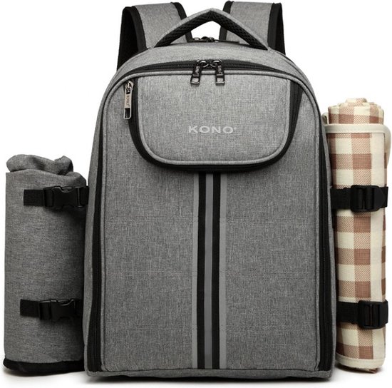 Kono Koeltas - Koelrugzak - Picknick - Picknicktas met Flessenhouder - Koelrugtas met Picknickkleed - Grijs (E6915 GY) van Kono
