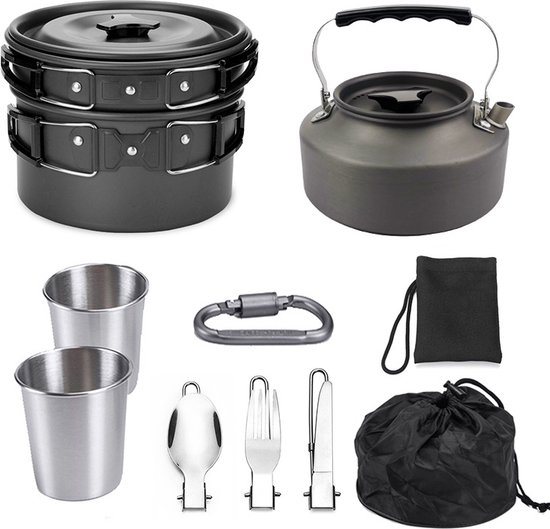 Kookgerei - 9 -delig - voor kamperen, outdoor, wandelen, picknick, BBQ, opvouwbare campingpannen - veilig en BPA - Geschikt voor 2-3 personen camping pannenset van Merkloos