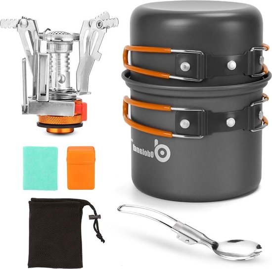 Kookgerei Kit met Niet-giftige Geanodiseerde Aluminium Pot en Pan - Opvouwbaar Camping Fornuis - Lepel - Picknickset van Merkloos