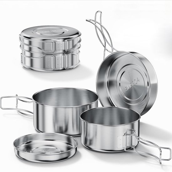 Kookgerei Set - Bordenset 2 Persoons - Kookgerei Set Met Houder - Ultralicht Campingkookgerei - Multifunctionele draagbare roestvrijstalen kookgereiset - Bordenstandaard - Compact Opbergen - Buitensport Keuken - Bushcraft - Picknick in de buitenlucht