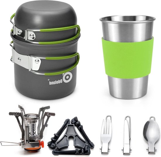 Kookgerei voor camping - pannenset voor backpackers - roestvrijstalen beker - spork en tankbeugel - kookuitrusting voor buiten - wandelen - picknick - kampvuur van Odoland