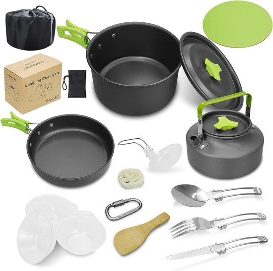 Kookgerei voor op de camping, 14-delige set van kookpotten gemaakt van roestvrij staal, kookuitrusting voor buitenactiviteiten zoals wandelen en picknicken. Potten en pannen gemaakt van aluminium en roestvrij staal, geschikt voor 2-3 personen. van Odoland