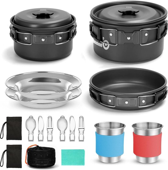 Kookgereiset met pannen en braadpan - Inklapbare bestekbeker - Licht en compact - Kamperen - Wandelen - Picknick - Voor 1-2 personen camping pannenset van Merkloos