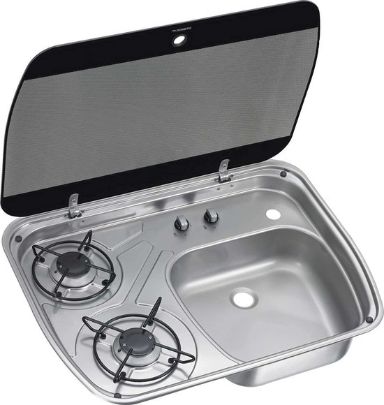 Kookplaat en spoelbak combinatie voor caravan en camper - 2-pits gasfornuis met glazen deksel van Merkloos