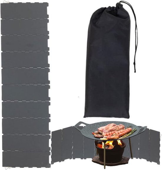 Kookplaat Windscherm - Camping Accessoire - Buiten Koken - Opvouwbaar 10-Paneel - 750 gram - Donkergrijs