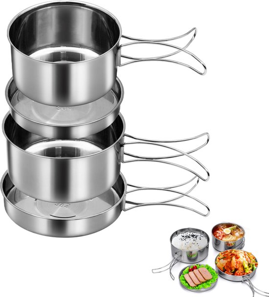 Kookset - 4 Stuks - Stapelbaar - Inclusief Opbergtas - Camping Kookset - Kookgerei - Camping Pannenset - Camping Kookgerei Kit - Rvs - Voor 2-3 Personen - Geschikt Voor Kamperen, Wandelen En Picknicken - Zilver van Merkloos