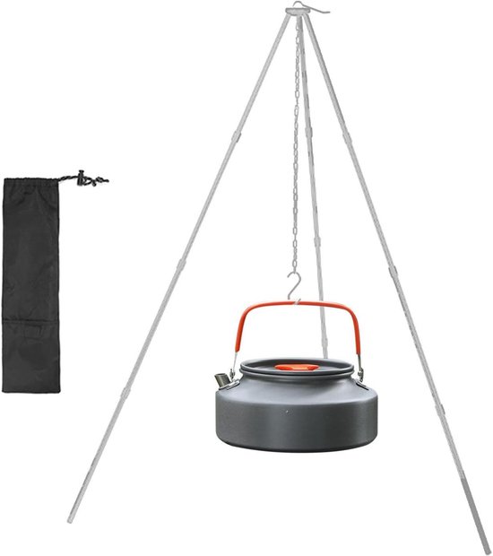 Kookstatief Opvouwbaar - Outdoor Kookgerei - Kamperen Buiten - Verstelbare Ketting - 05 kg Lichtgewicht - Aluminiumkleur