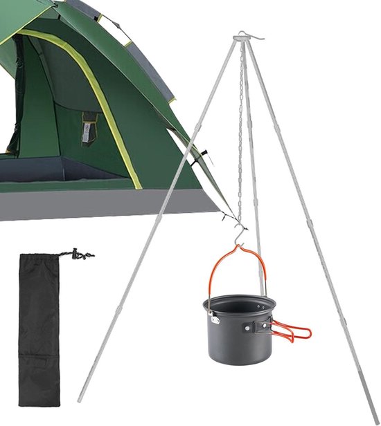 Kookstatief Outdoor - Kampeer Kookgerei - Maaltijden Bereiden - Verstelbare Hangketting - 326 cm Lengte - Aluminiumkleur